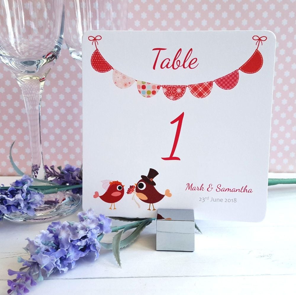 Bride & Groom Cute Love Birds & Bunting Dark Pink Table Numbers or Names