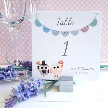 Bride & Groom Cute Owls & Bunting Green/Blue Table Numbers or Names