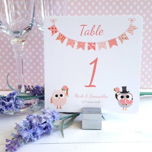 Bride & Groom Cute Owls & Bunting Peach Table Numbers or Names