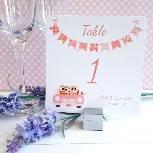 Bride & Groom Cute Owls in Car Peach Table Numbers or Names