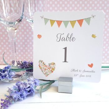 Shabby Chic Flower Heart & Bunting Table Numbers or Names