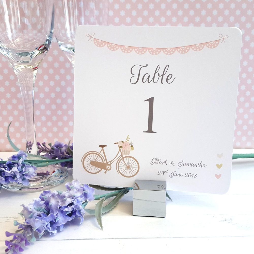 Vintage Bike/Bicycle Shabby Chic Pink Lace Bunting Table Numbers or Names