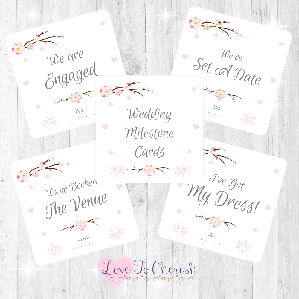 Cherry Blossom & Pink Hearts Wedding Milestone/Journey Cards