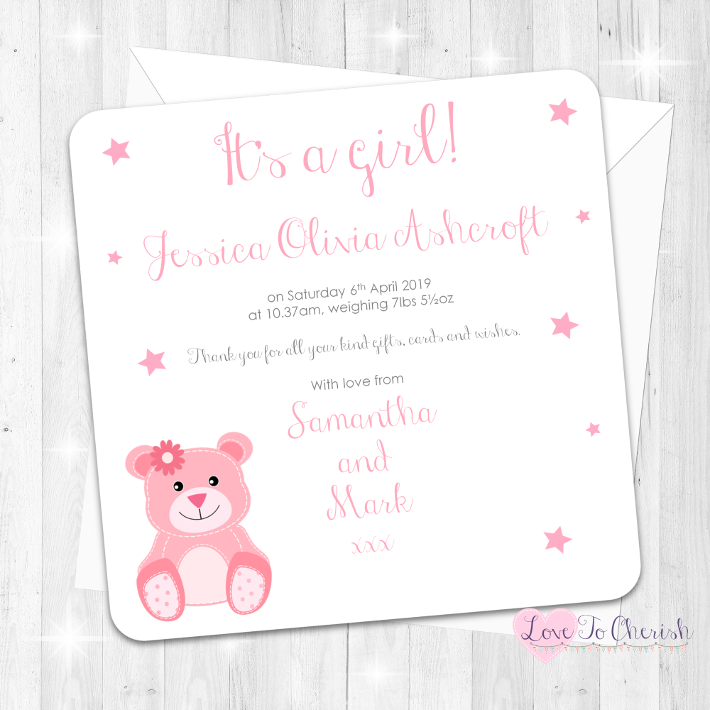 Baby Bear Birth Annoucement Cards - Pink - Baby Shower Design