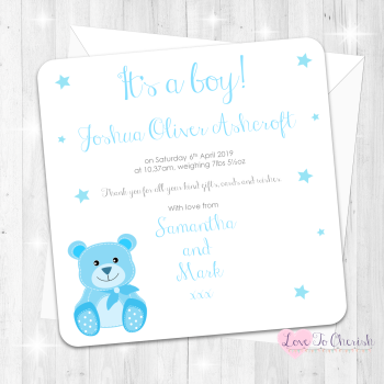 Baby Bear Birth Announcement Cards - Blue Design