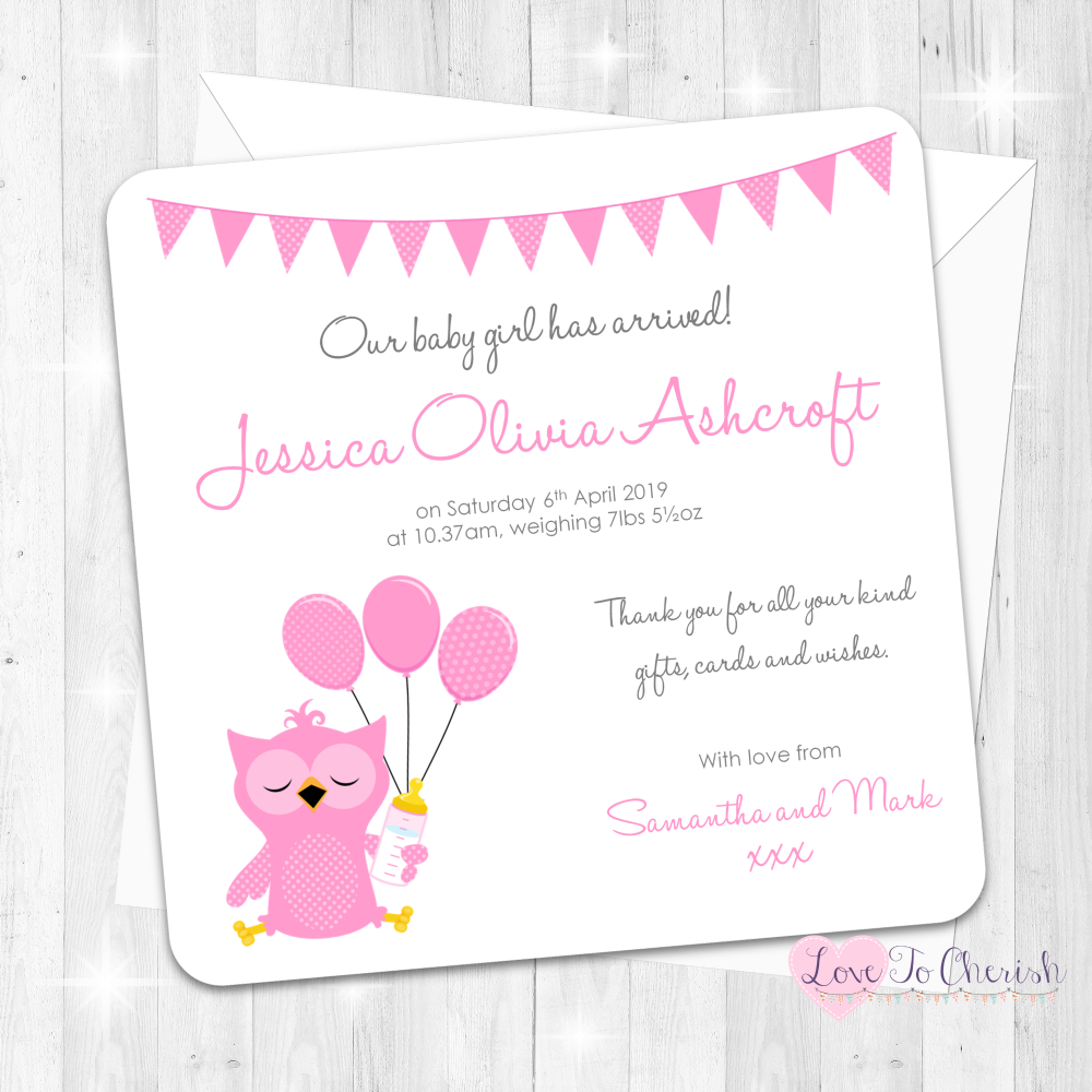 Cute Pink Owl Birth Announcement Cards