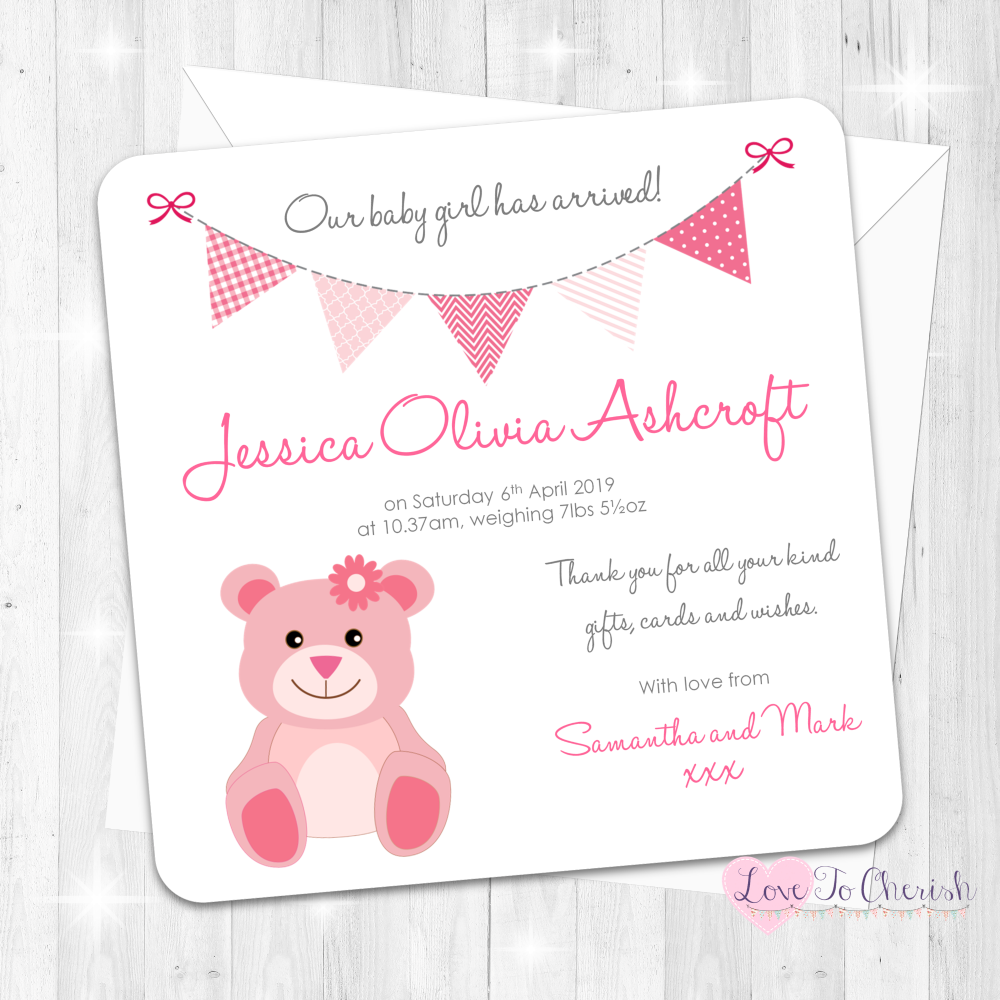 Cute Pink Teddy Bear Birth Announcement Cards