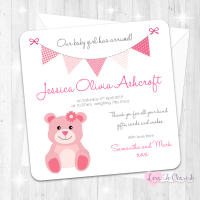 Cute Pink Teddy Bear Baby Girl Birth Announcement Cards