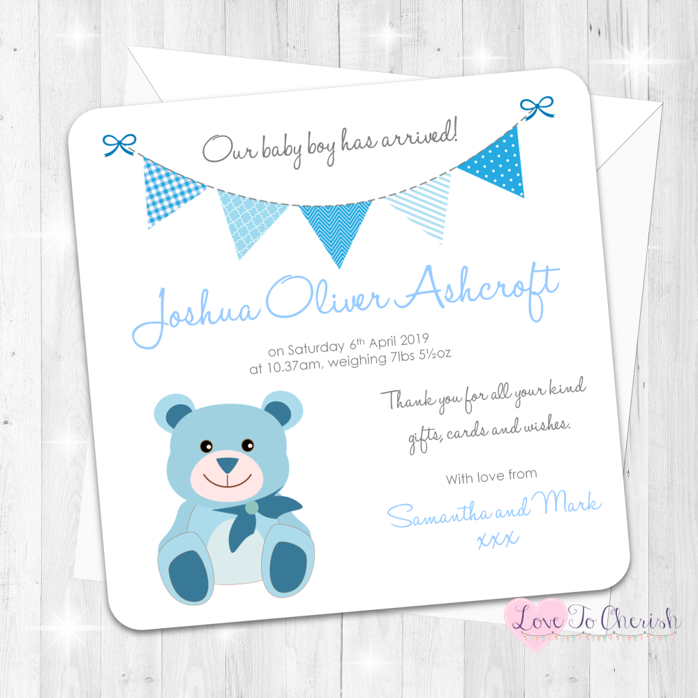 Cute Blue Teddy Bear Birth Announcement Cards