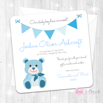 Cute Blue Teddy Bear Baby Boy Birth Announcement Cards