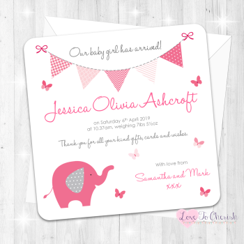 Elephant & Butterflies Pink Baby Girl Birth Announcement Cards