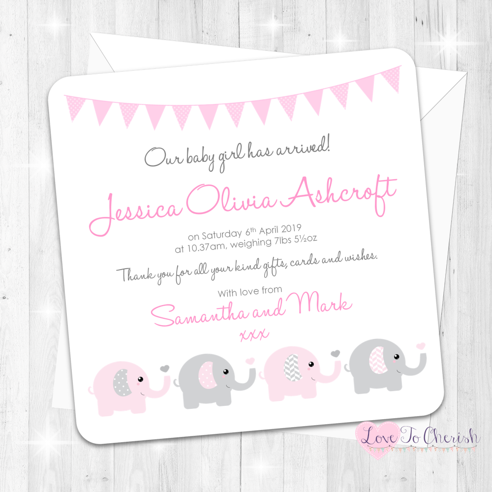 Elephants & Hearts Pink Birth Announcement Cards