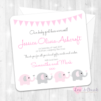 Elephants & Hearts Pink Baby Girl Birth Announcement Cards