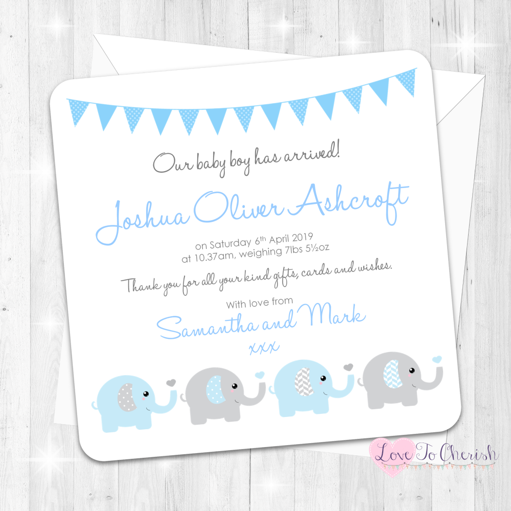Elephants & Hearts Blue Birth Announcement Cards