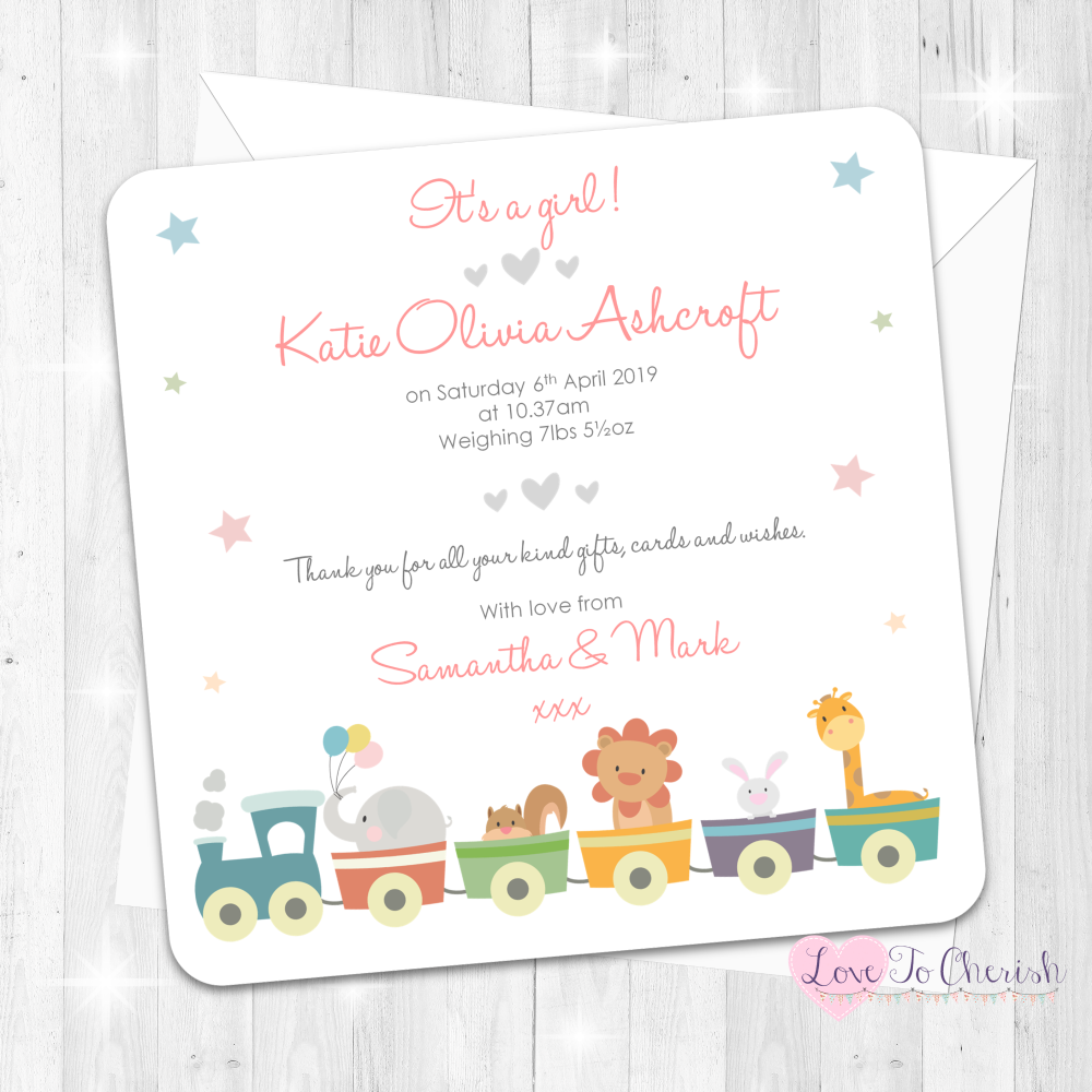 Jungle Animals Train Pink Baby Girl Birth Announcement Cards