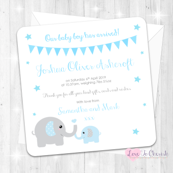 Mummy & Baby Elephants - Blue Baby Boy Birth Announcement Cards