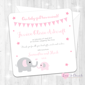 Mummy & Baby Elephants - Pink Baby Girl Birth Announcement Cards
