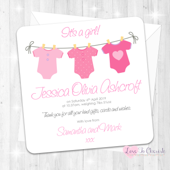 Pink Vest Line Baby Girl Birth Announcement Cards