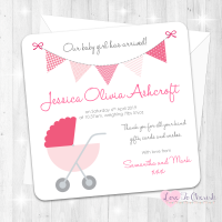 Pram/Stoller Pink Baby Girl Birth Announcement Cards