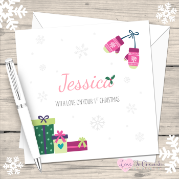 Girl's Pink Mittens Personalised 1st Christmas Card
