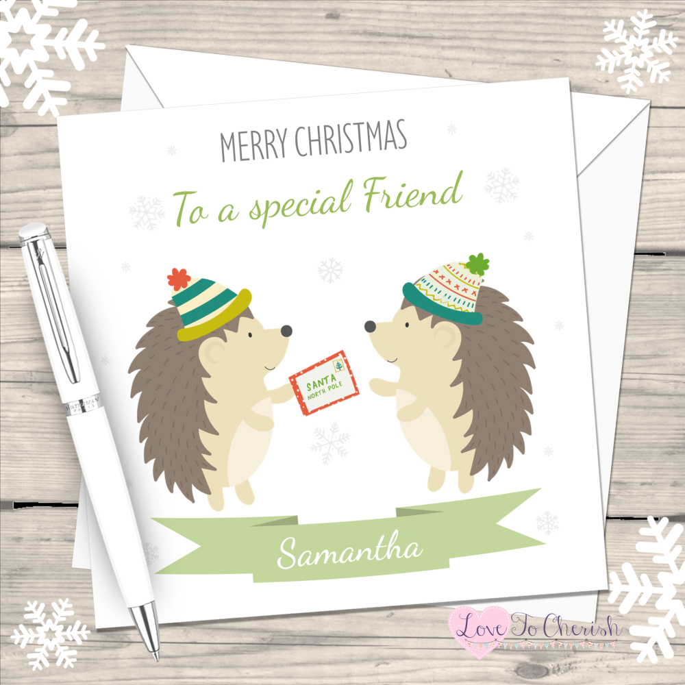 Winter Hedgehogs Special Friend Personalised Christmas Card