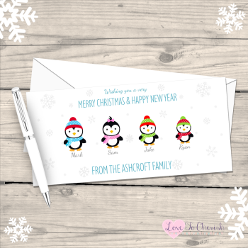 Penguin Personalised Family Christmas Cards - Pack of 10