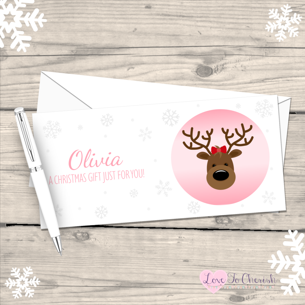 </012>Reindeer Girl's Personalised Christmas Money/Gift Wallet - Pink