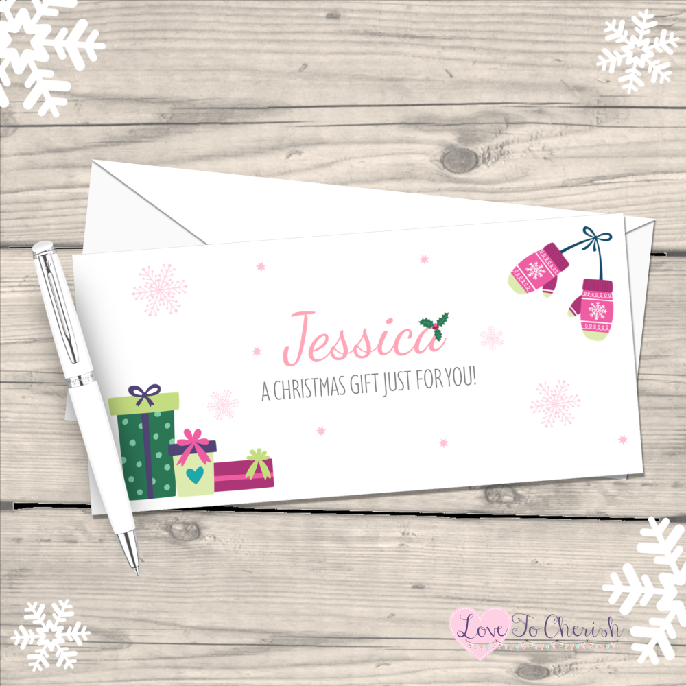 </016>Pink Mittens Girl's Personalised Christmas Money/Gift Wallet