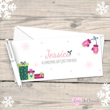 Pink Mittens Girl's Personalised Christmas Money/Gift Wallet