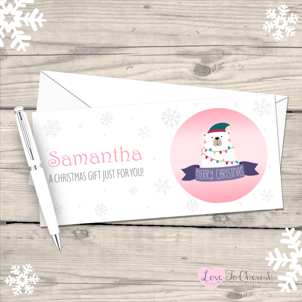 </018>Polar Bear Girl's Personalised Christmas Money/Gift Wallet - Pink