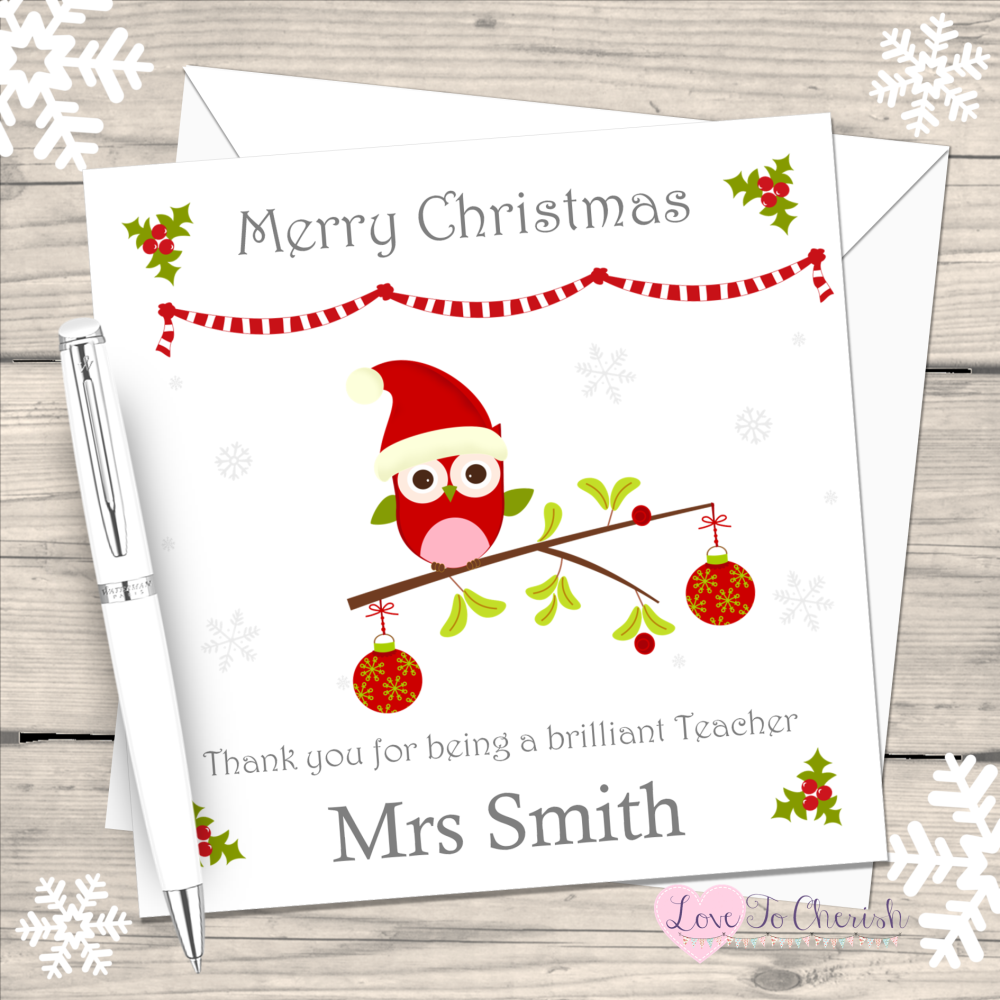 Teacher Owl on branch Personalised Christmas Card