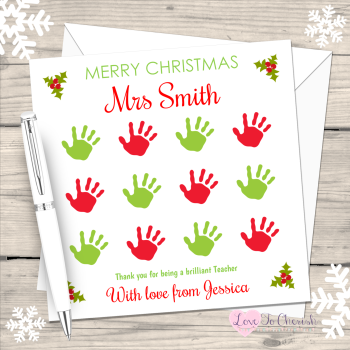 Teacher - Hand Print Grid Personalised Christmas Card