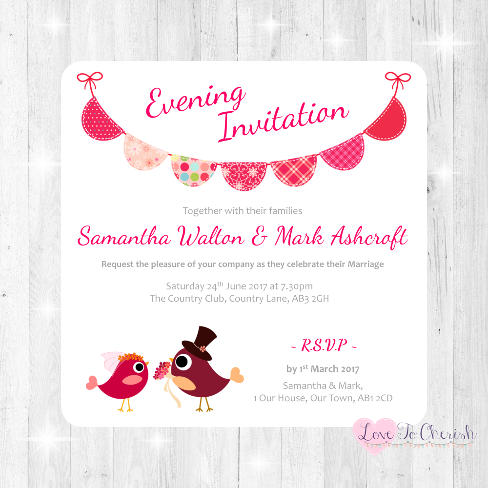 Bride & Groom Cute Love Birds & Bunting Dark Pink Evening Invitations