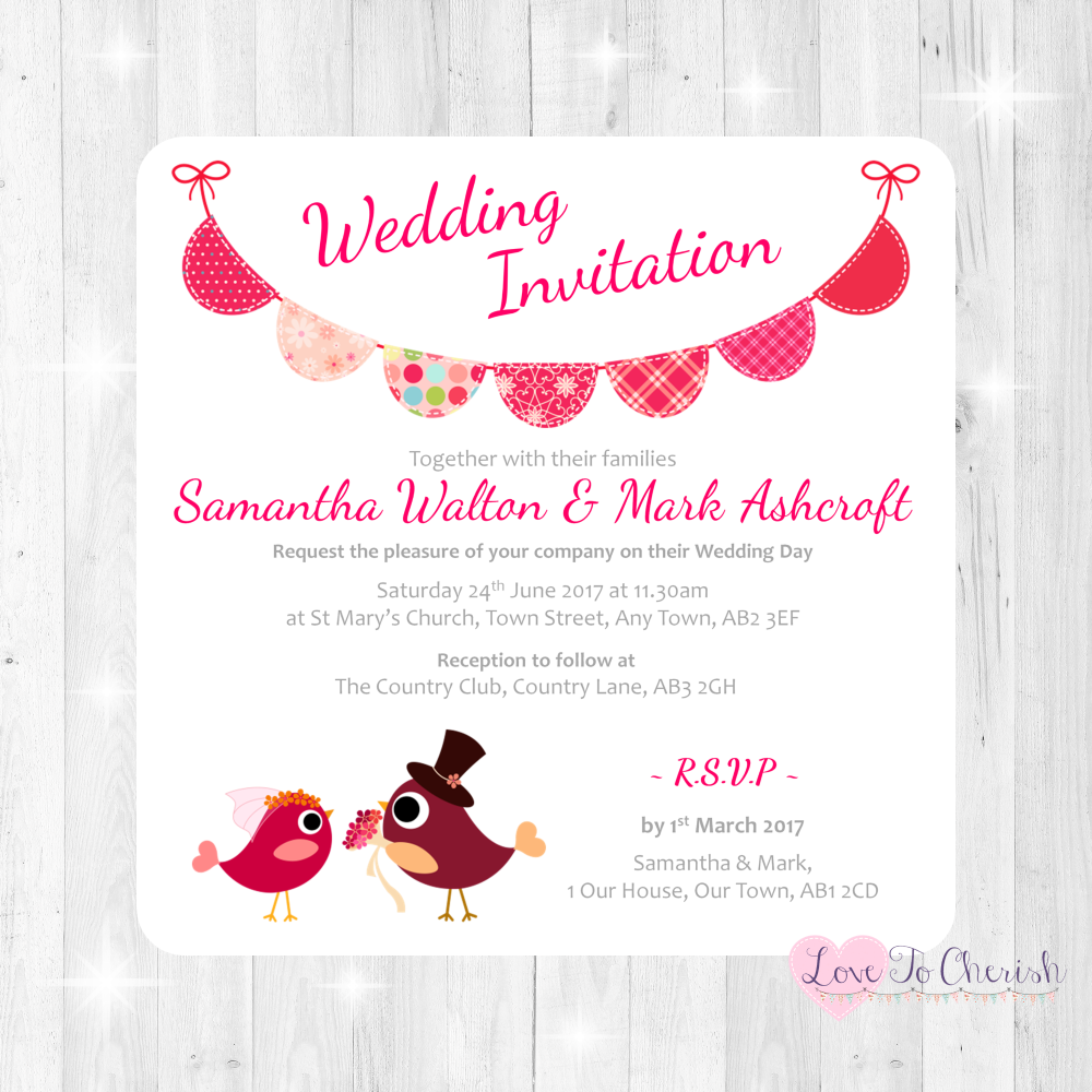 Bride & Groom Cute Love Birds & Bunting Dark Pink Wedding Invitations