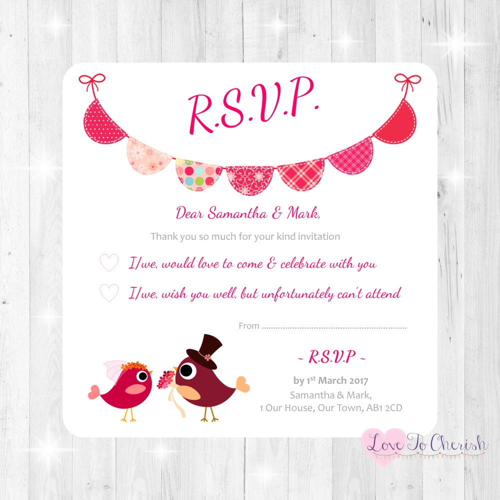 Bride & Groom Cute Love Birds & Bunting Dark Pink Wedding RSVP Cards