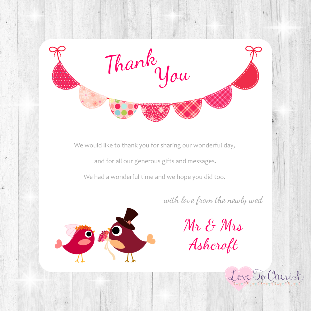 Bride & Groom Cute Love Birds & Bunting Dark Pink Wedding Thank You Cards