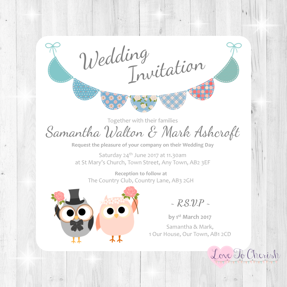 Bride & Groom Cute Owls & Bunting Green/Blue Wedding Invitations