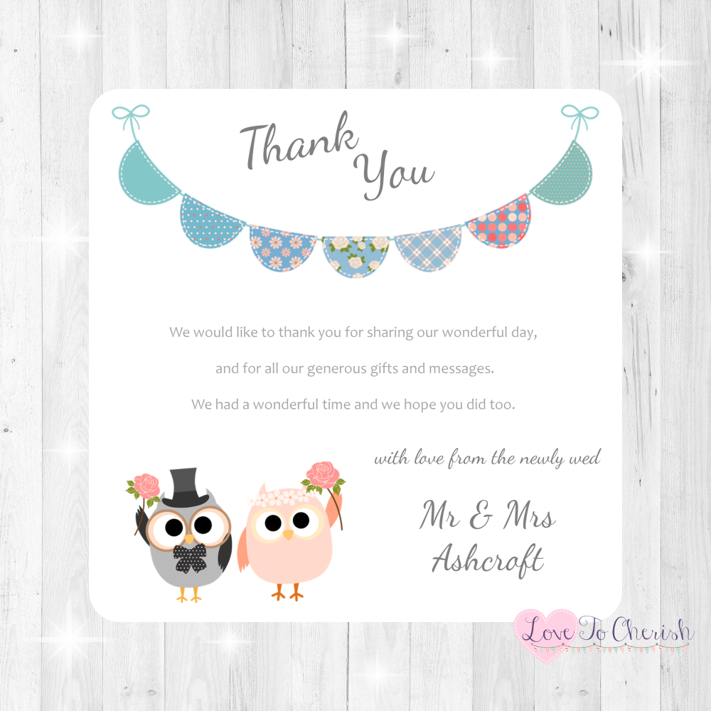 Bride & Groom Cute Owls & Bunting Green/Blue Wedding Thank You Cards