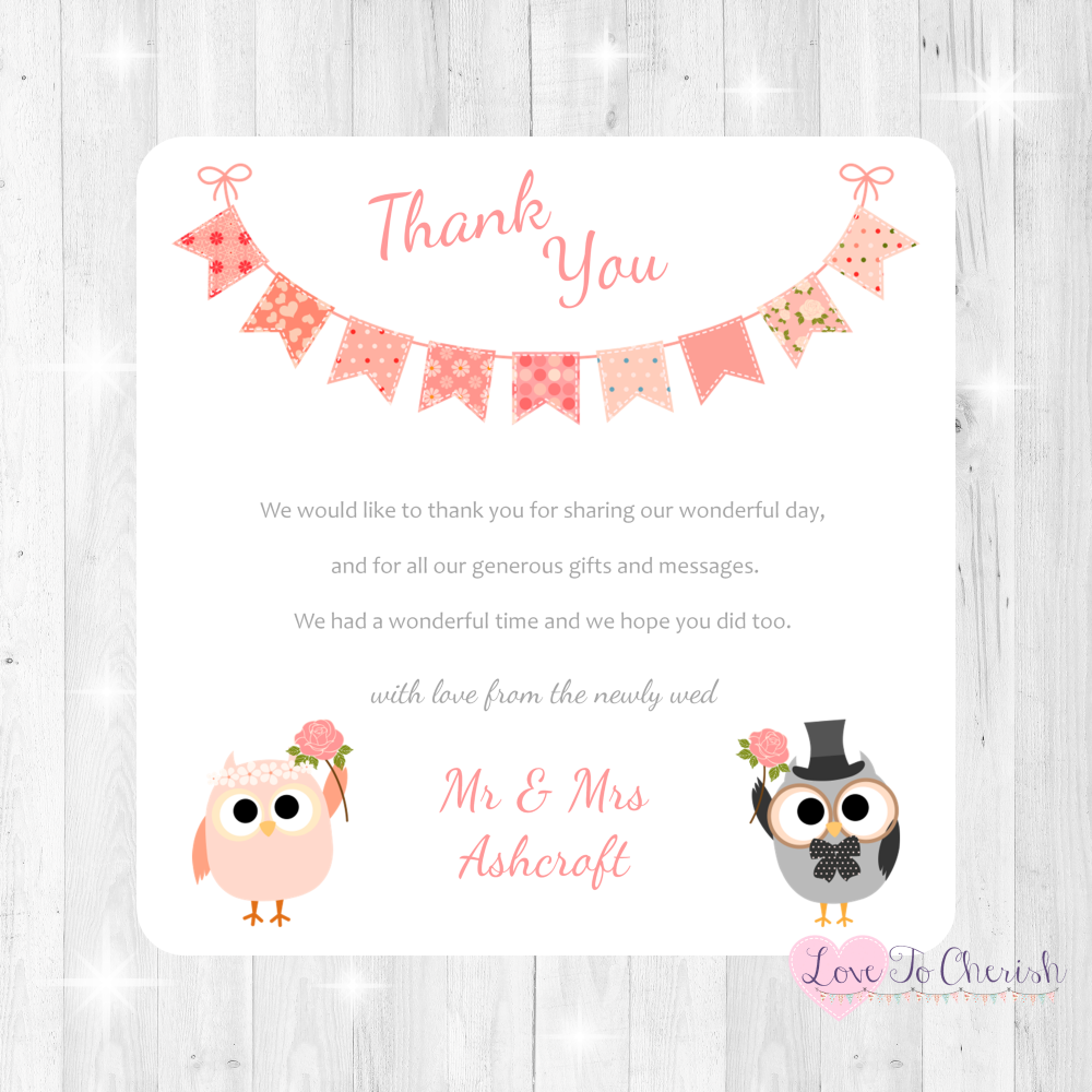 Bride & Groom Cute Owls & Bunting Peach Wedding Thank You Cards