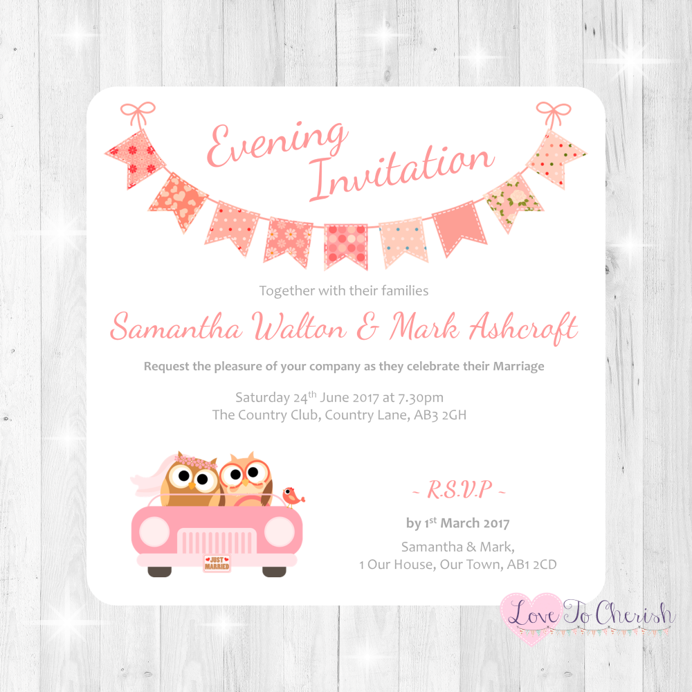 Bride & Groom Cute Owls in Car Peach Wedding Evening Invitations