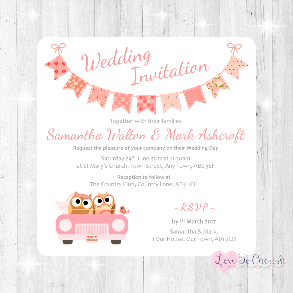 Bride & Groom Cute Owls in Car Peach Wedding Invitations