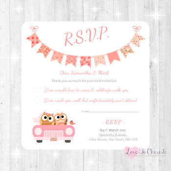 Bride & Groom Cute Owls in Car Peach Wedding RSVP Cards