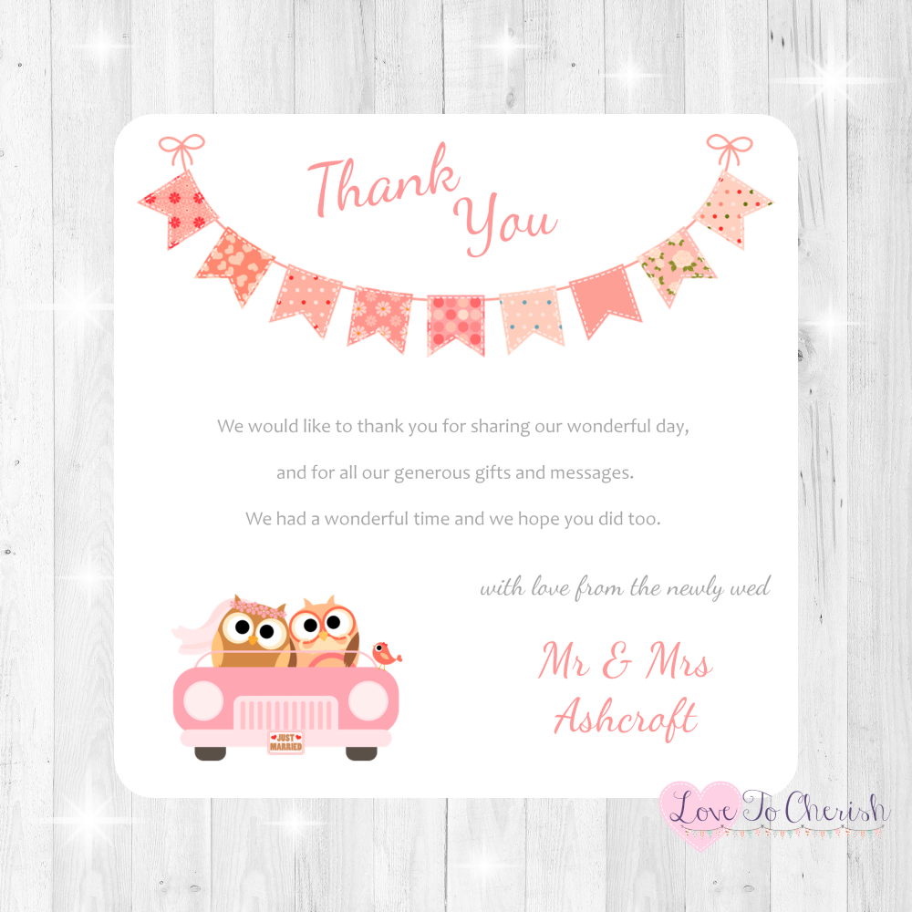 Bride & Groom Cute Owls in Car Peach Wedding Thank You Cards