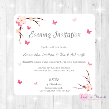 Cherry Blossom & Butterflies Wedding Evening Invitations