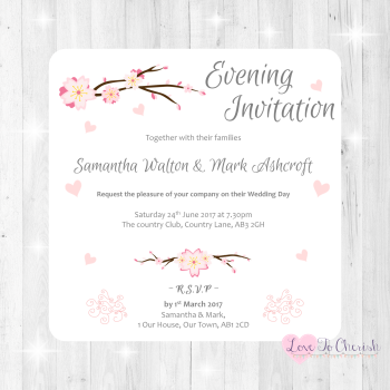Cherry Blossom & Pink Hearts Wedding Evening Invitations