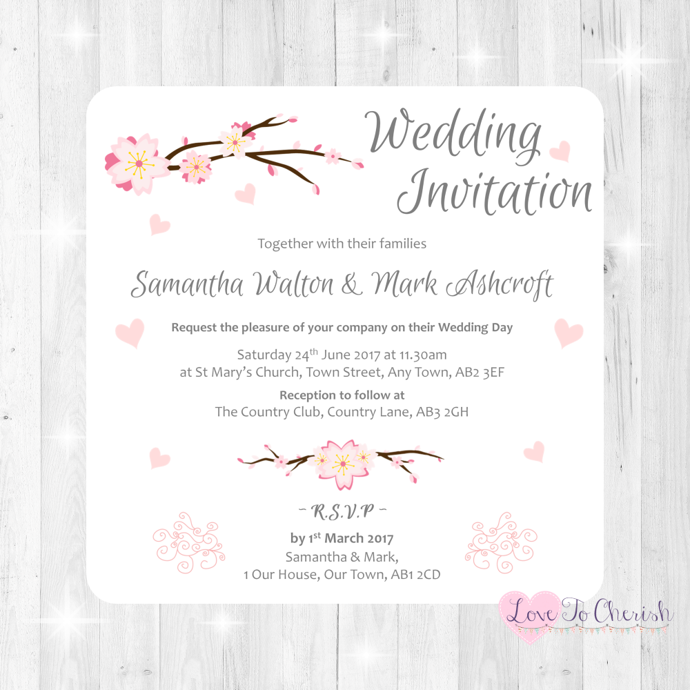 Cherry Blossom & Pink Hearts Wedding Invitations