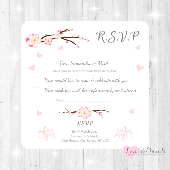 Cherry Blossom & Pink Hearts Wedding RSVP Cards