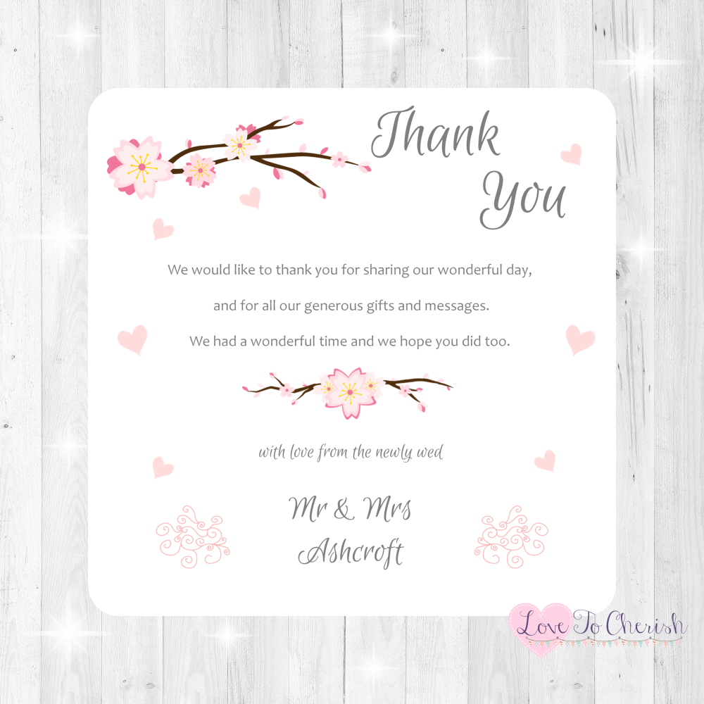 Cherry Blossom & Pink Hearts Wedding Thank You Cards
