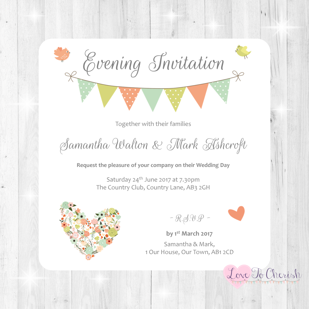 Shabby Chic Flower Heart & Bunting Wedding Evening Invitations