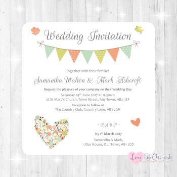 Shabby Chic Flower Heart & Bunting Wedding Invitations